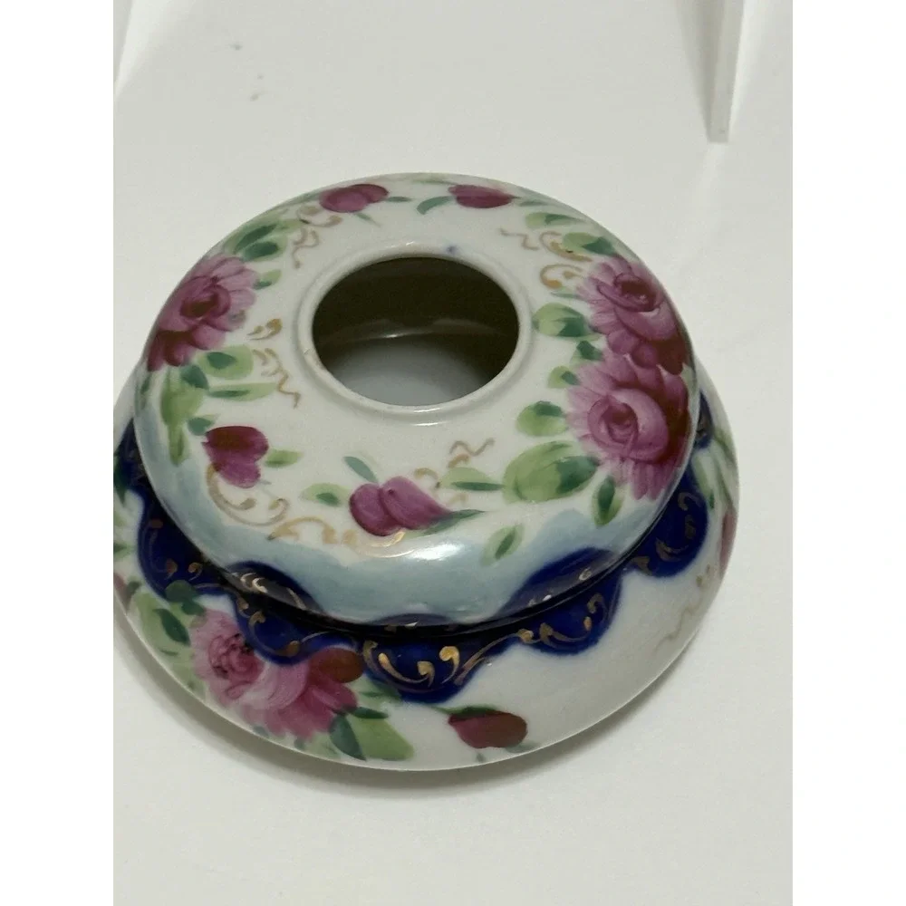 Antique Hand Painted Porcelain Hair Receiver - Cobalt Blue, Pink Gold Glit